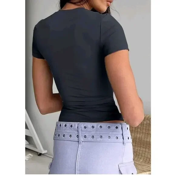 Womens Sexy Basic T Shirts Summer Short Sleeve Crewneck Slim Fit Cute Crop Sz Xs - Picture 2 of 4